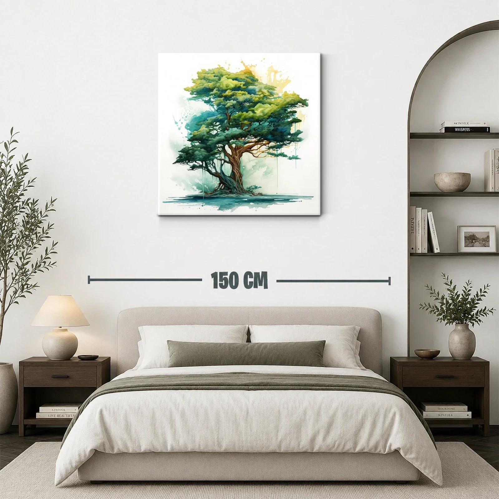 Árbol en tonos verdes con toque de acuarela y luz dorada — miniatura 3
