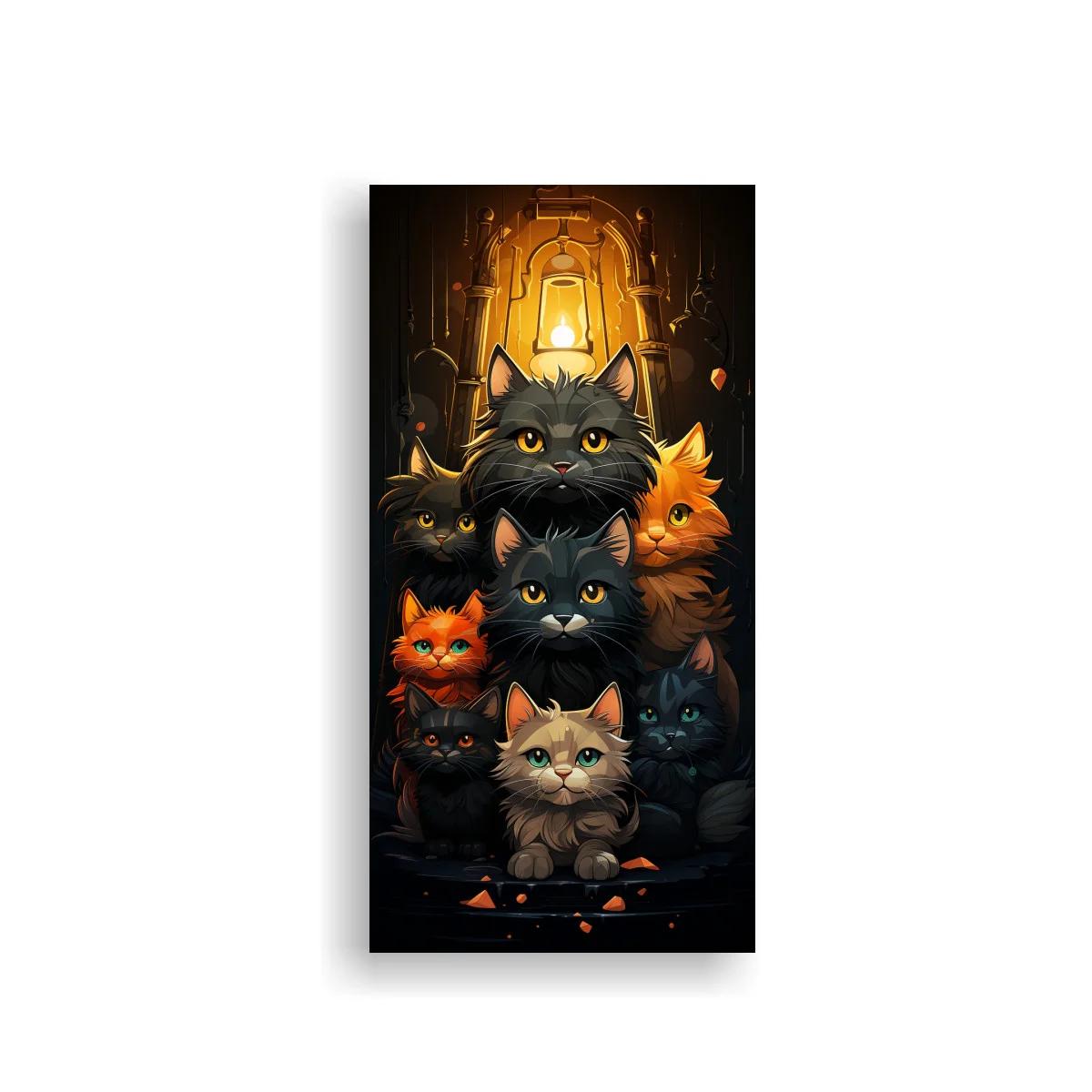 Cuadro grupo de gatos con farol colgante