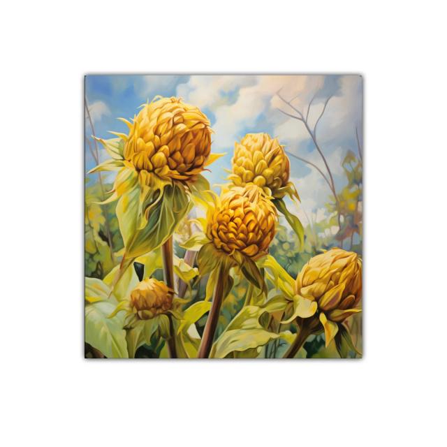 Cuadro decorativo con flores amarillas vibrantes y cielo azul