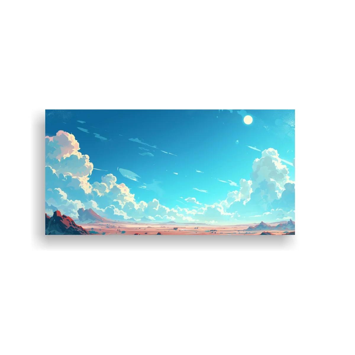 Cuadro paisaje desértico con cielo amplio y nubes voluminosas
