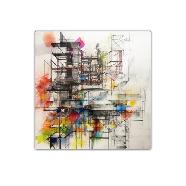Composición arquitectónica con toques abstractos y colores vibrantes