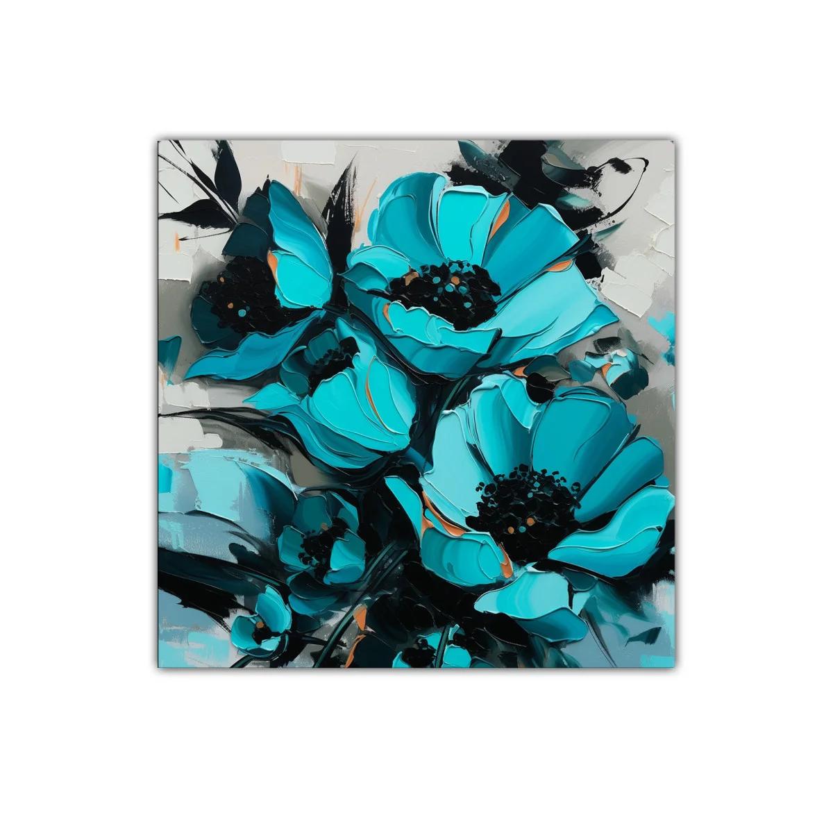 Cuadro decorativo con flores azul turquesa vibrantes y detalles oscuros