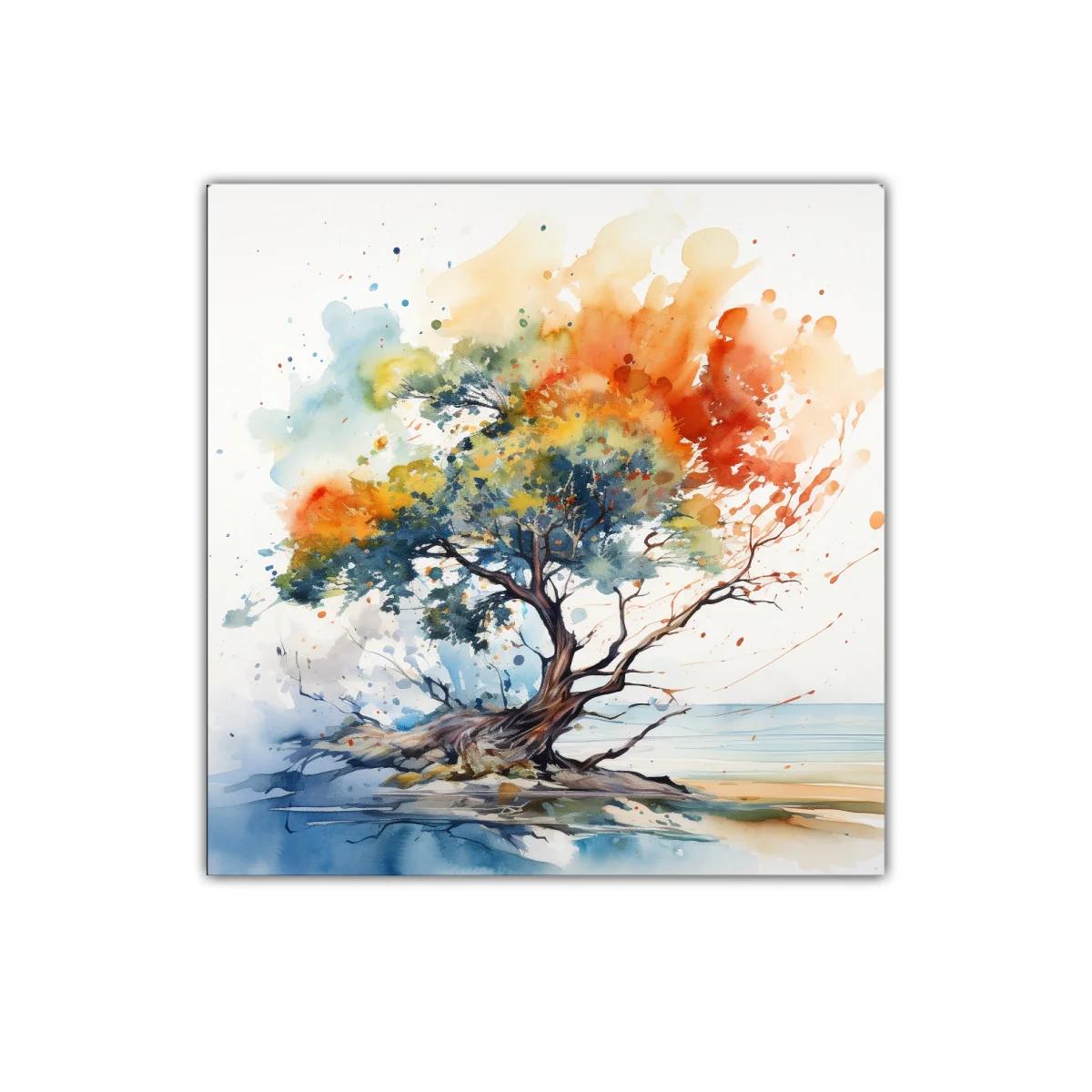 Árbol solitario con vibrantes tonos otoñales y azules suaves — imagen principal