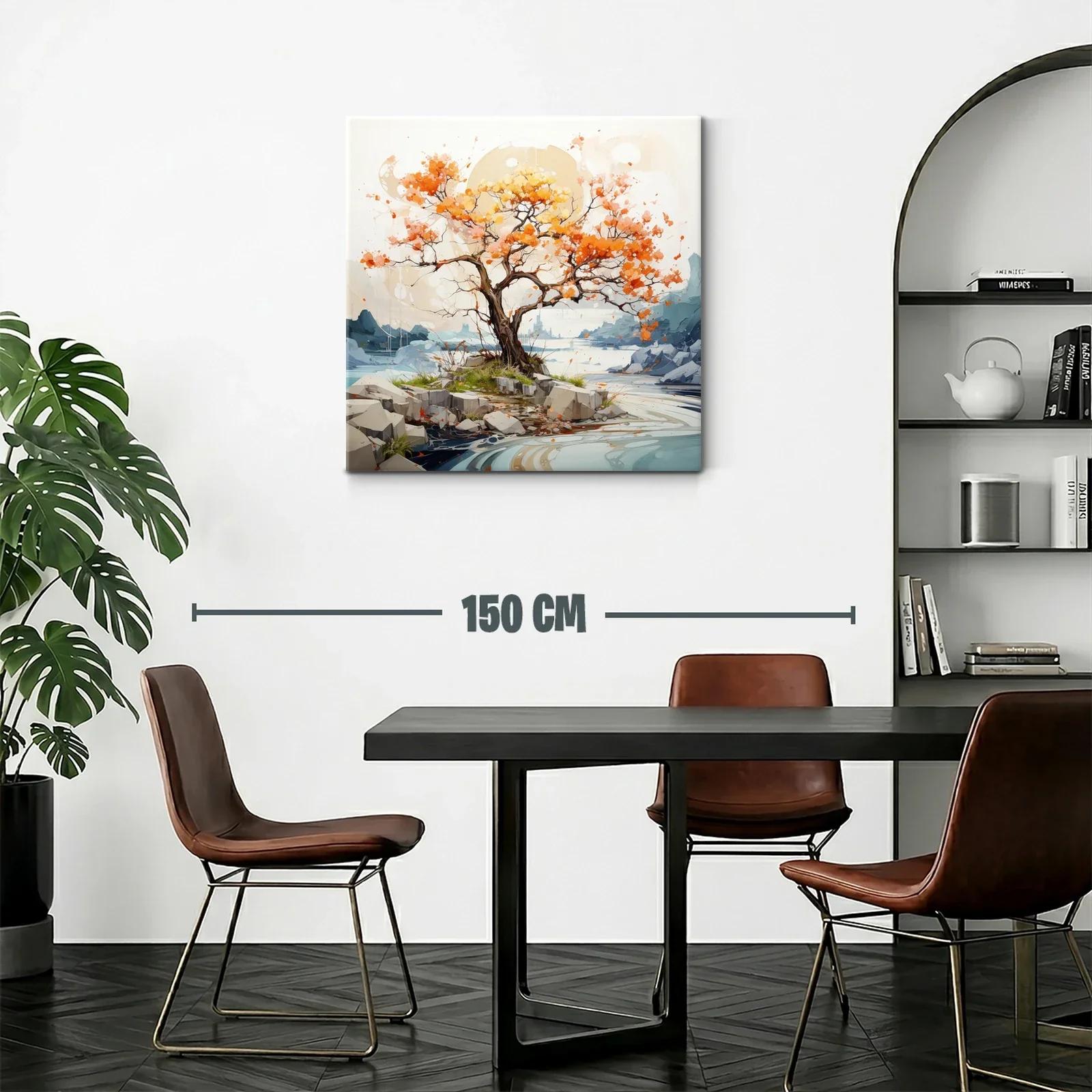 Árbol otoñal vibrante en paisaje sereno de río y rocas — miniatura 2
