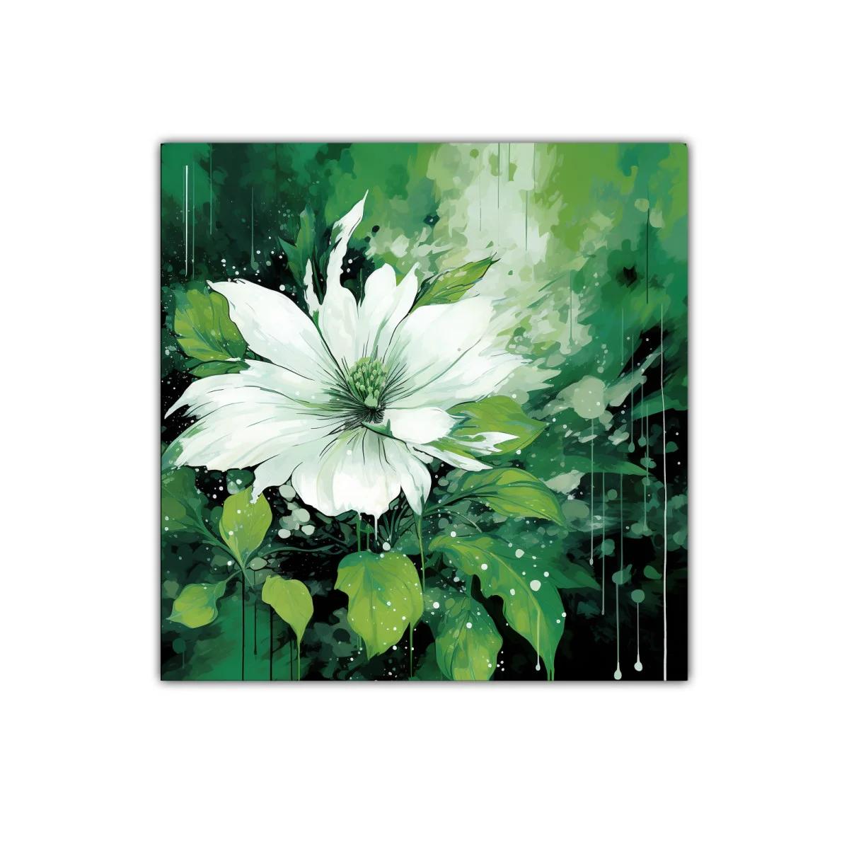 Flor blanca entre hojas verdes con fondo abstracto — imagen principal