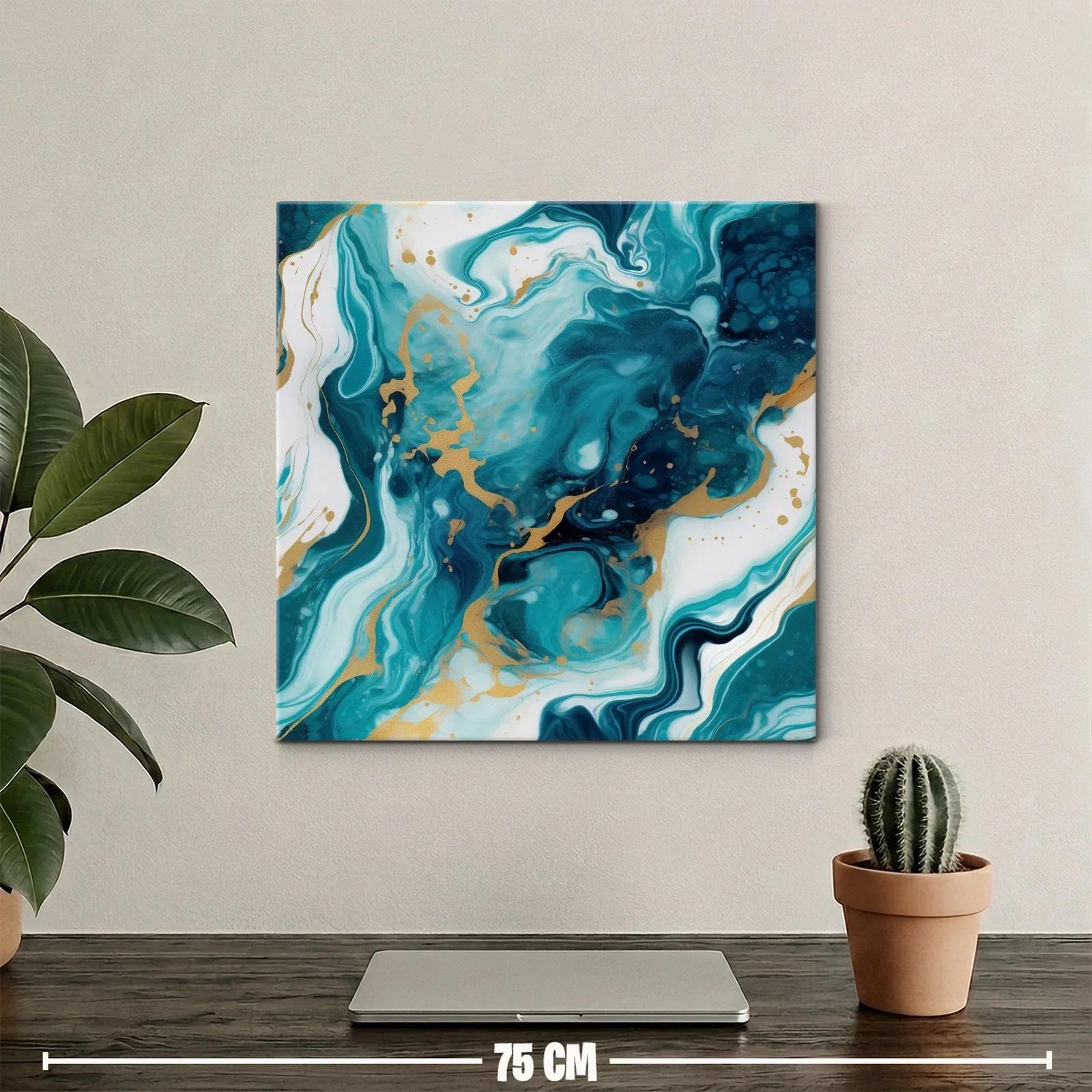 Cuadro abstracto con tonos turquesa y dorados vibrantes — miniatura 2