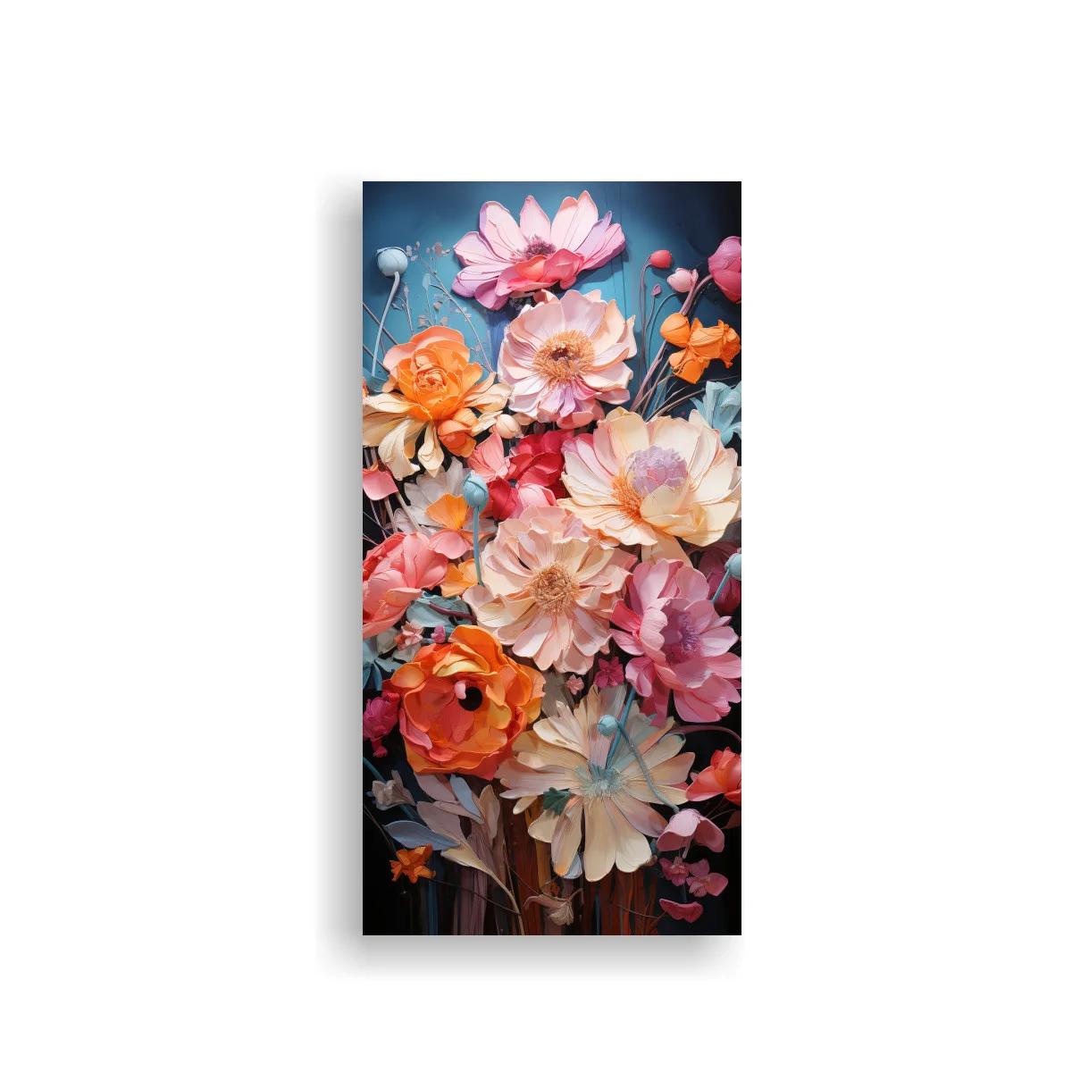 Cuadro ramo de flores rosadas y coral sobre fondo oscuro