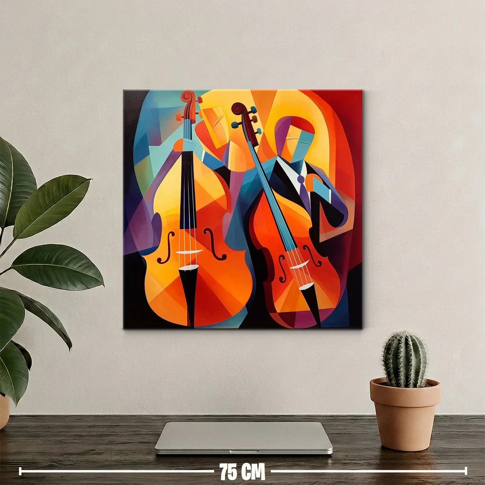 Cuadro vibrante con músicos y violonchelos en tonos cálidos — miniatura 2