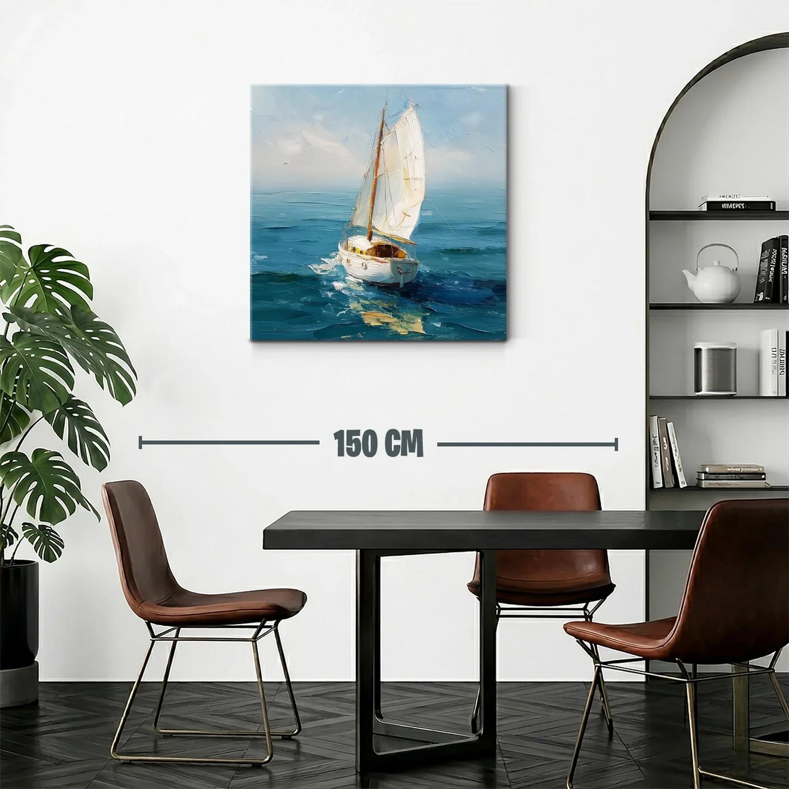 Vela blanca surcando el mar en tonos azules y celestes — miniatura 2
