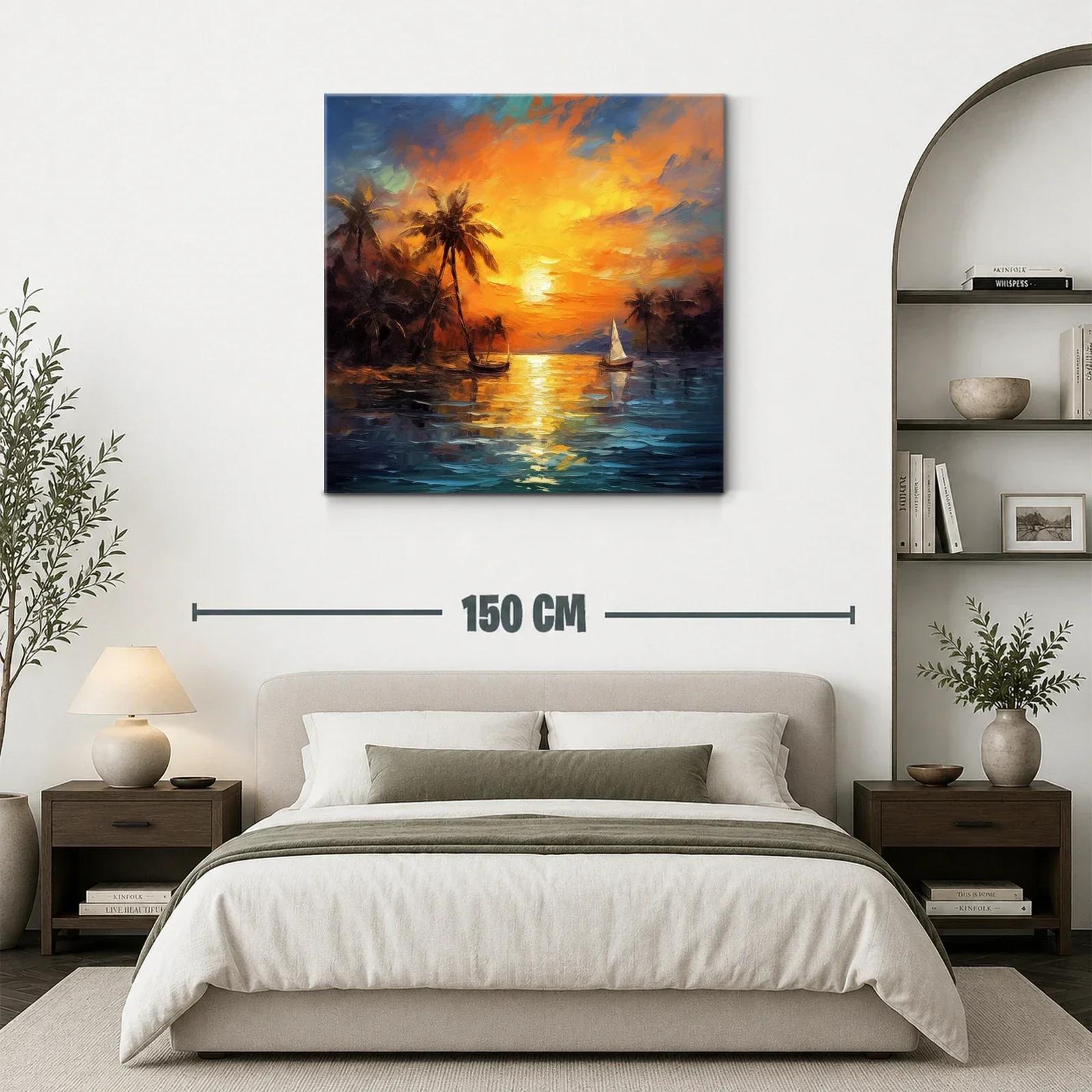 Atardecer tropical con palmeras y barco de vela sobre el mar — miniatura 3