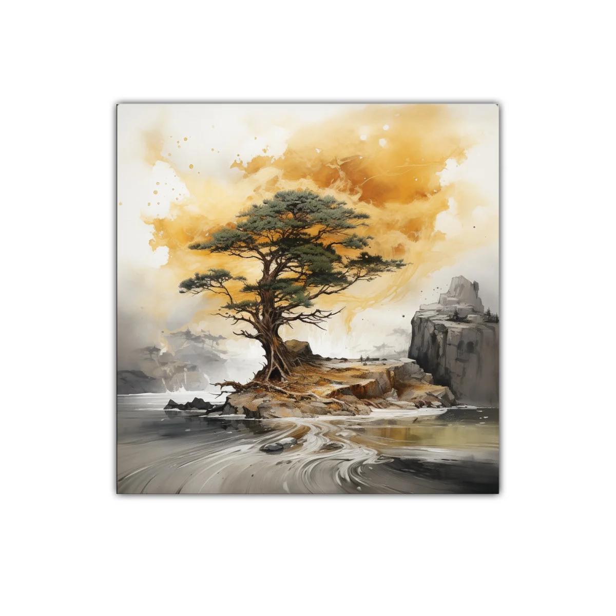 Árbol solitario sobre isla en paisaje sereno y cálido