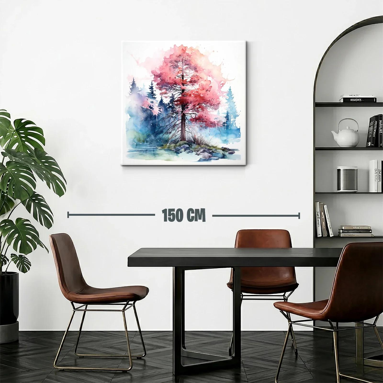 Árbol en otoño con hojas rosas y fondo de bosque azul — miniatura 2