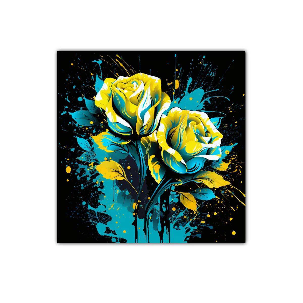 Rosas vibrantes en azul y amarillo sobre fondo oscuro — imagen principal