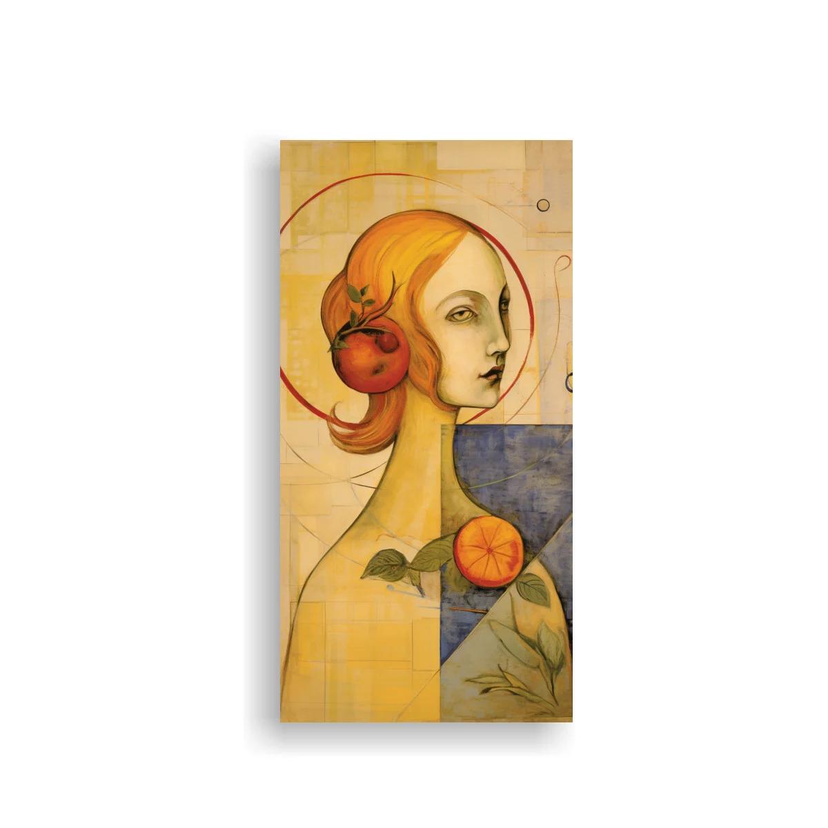 Cuadro retrato femenino con naranjas y formas geométricas