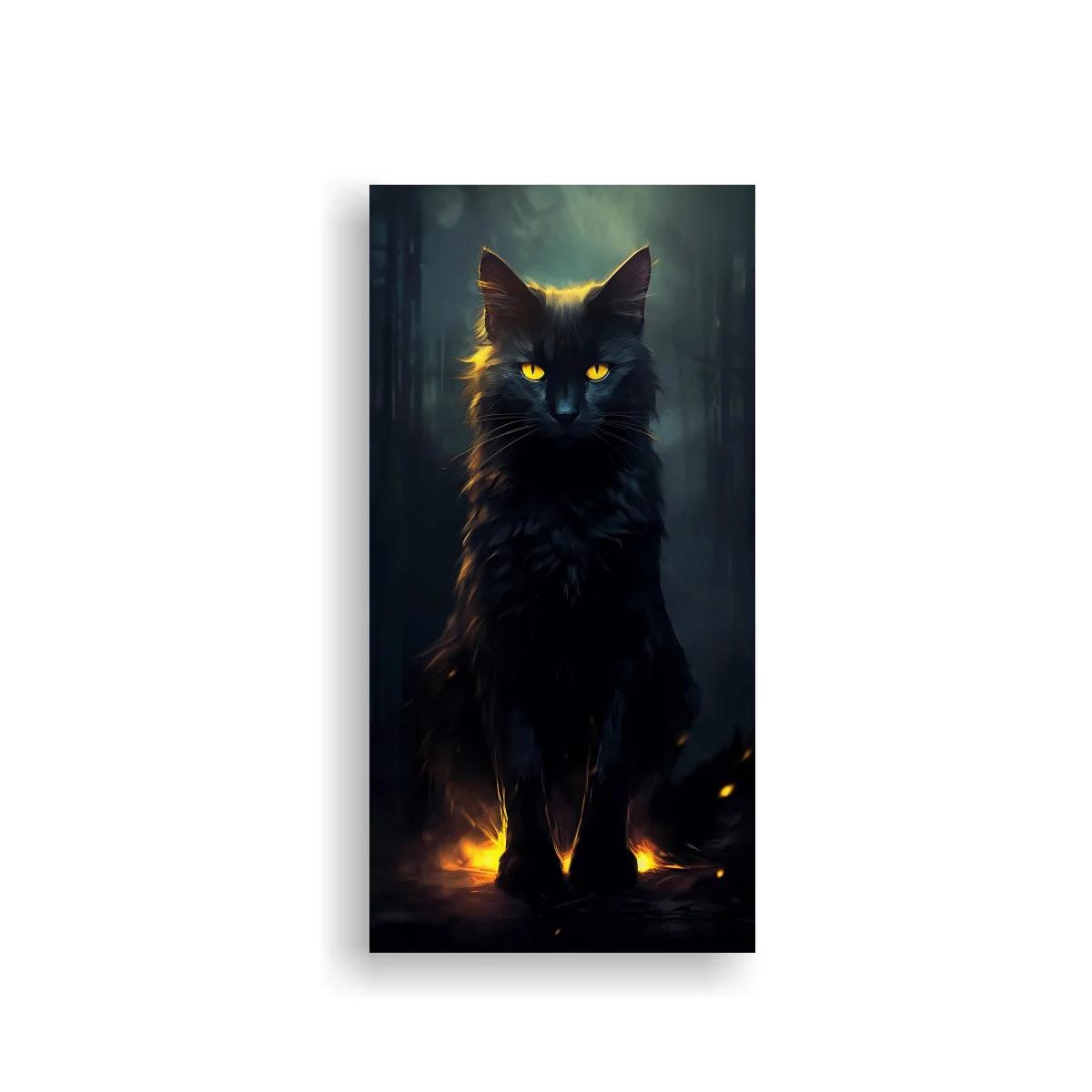 Cuadro gato negro de ojos amarillos con resplandor cálido