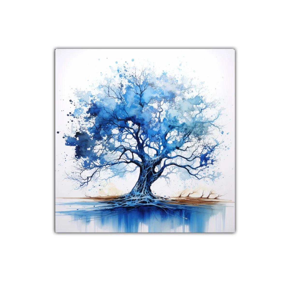 Árbol azul vibrante con raíces profundas y ramas extendidas