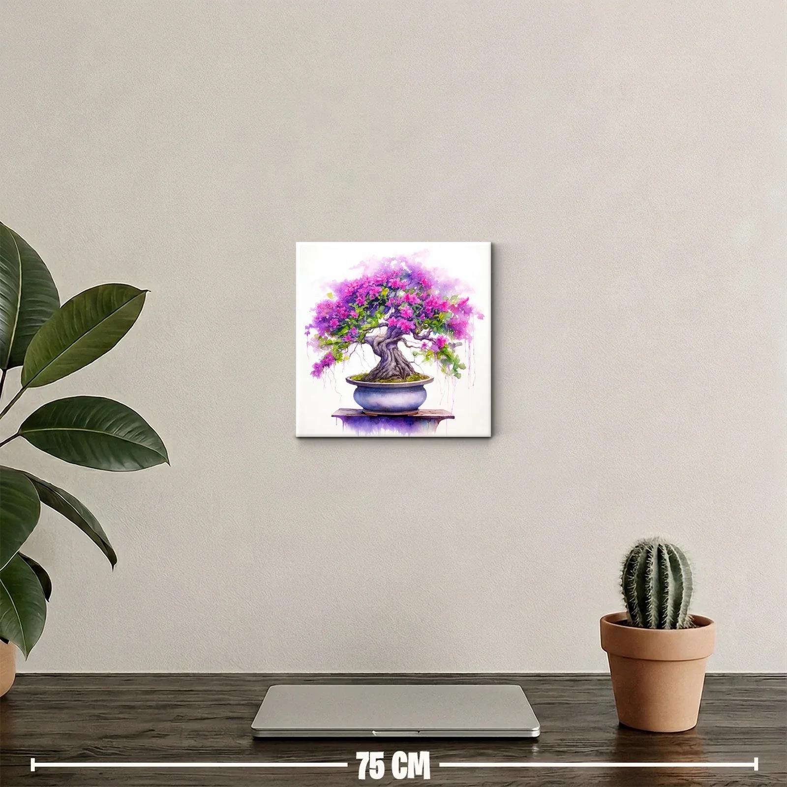 Cuadro decorativo con bonsái florido en tonos violetas y rosas — miniatura 2