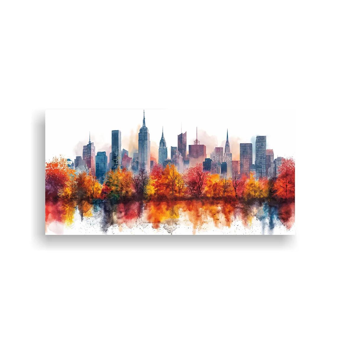 Cuadro skyline urbano con árboles otoñales y reflejo espejado — imagen principal