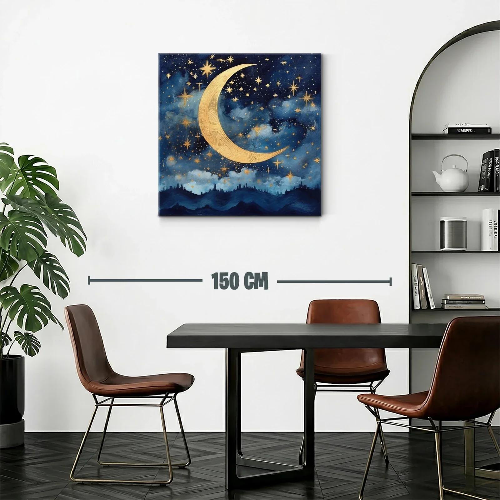 Cuadro con luna dorada y cielo estrellado azul — miniatura 2