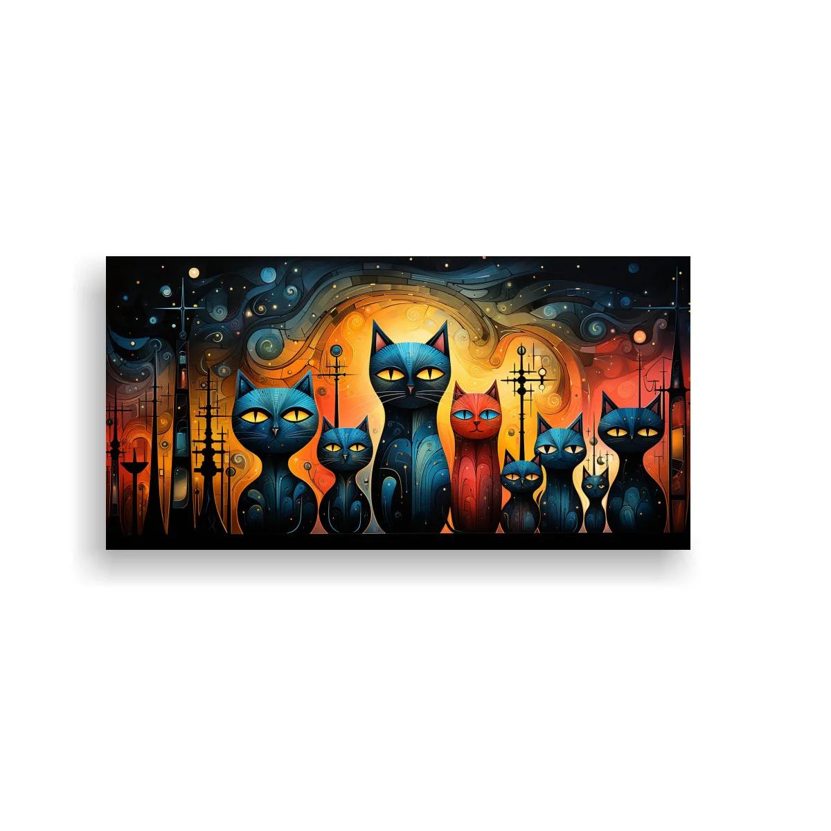 Cuadro gatos negros ante una luna naranja