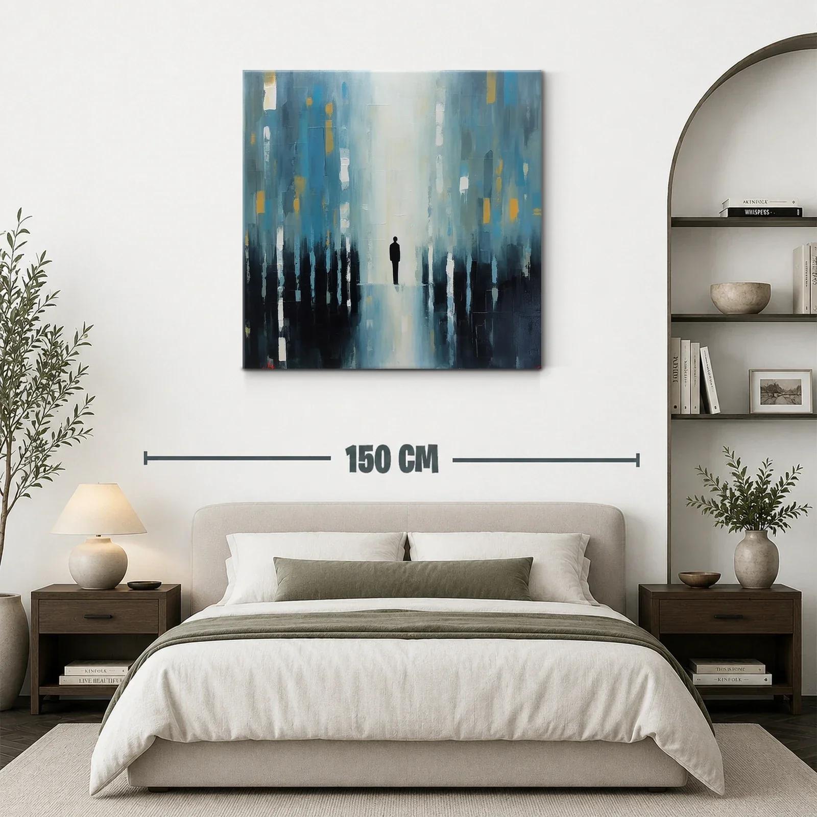 Cuadro abstracto figura solitaria en tonos azules y dorados — miniatura 3