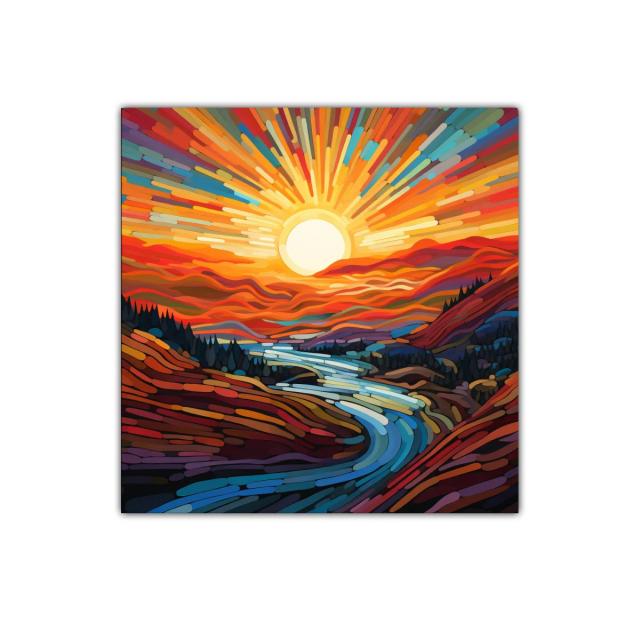 Paisaje vibrante con río y sol radiante al amanecer