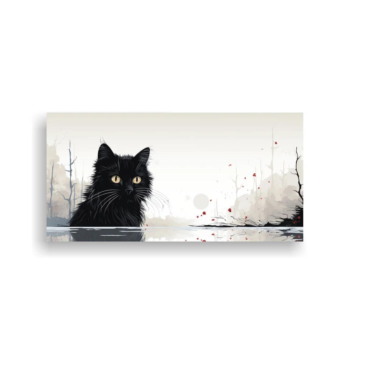 Cuadro gato negro de pelo largo en paisaje brumoso