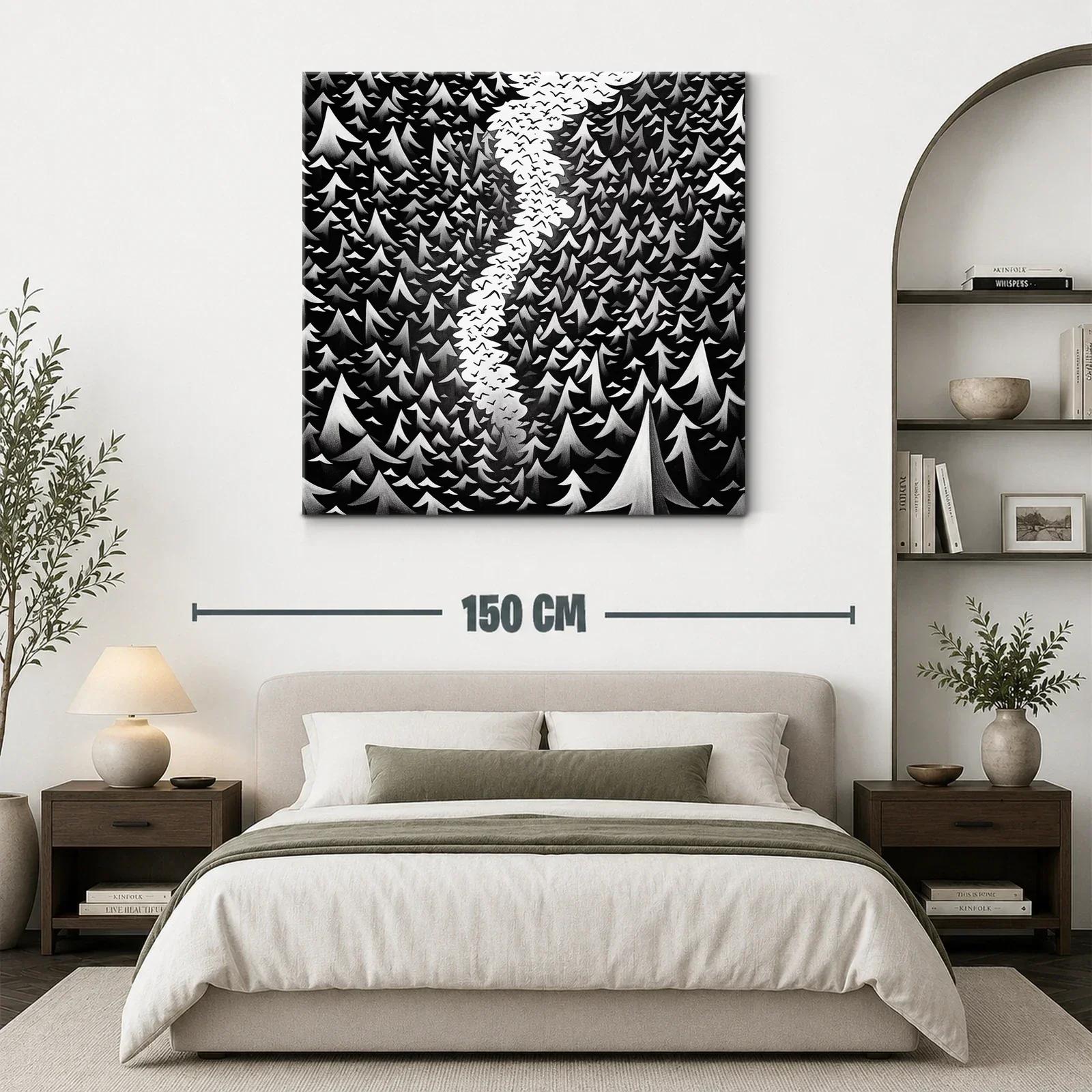 Bosque en blanco y negro con cielo lleno de aves — miniatura 3