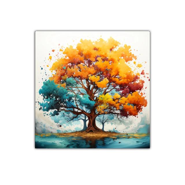 Árbol colorido con hojas naranjas y turquesas vibrantes