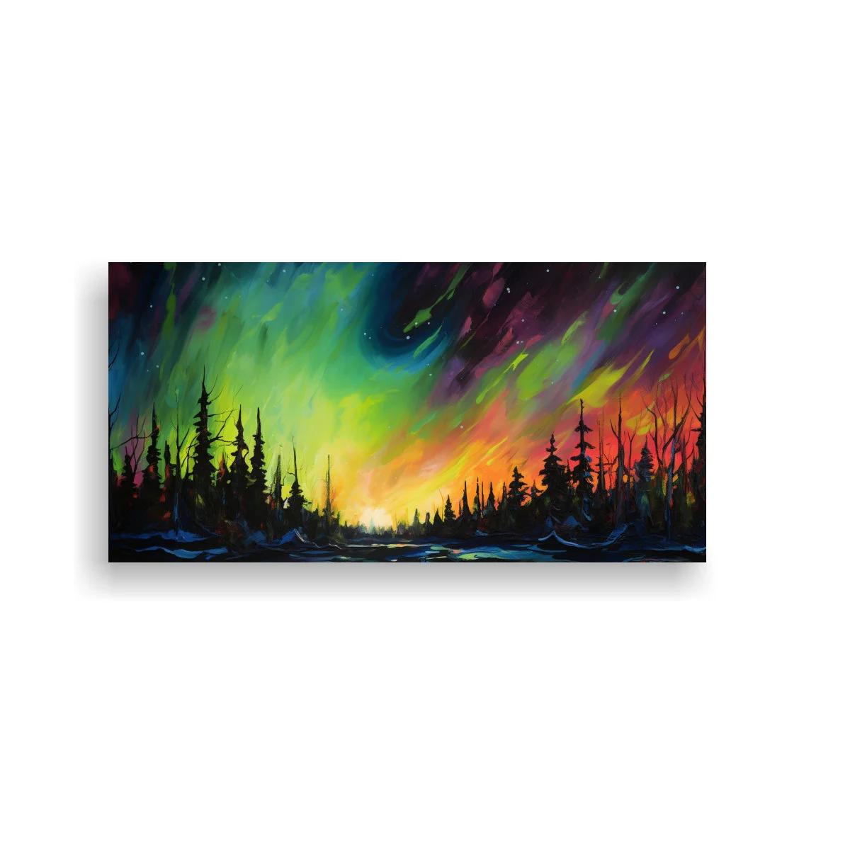 Cuadro aurora boreal sobre bosque de pinos
