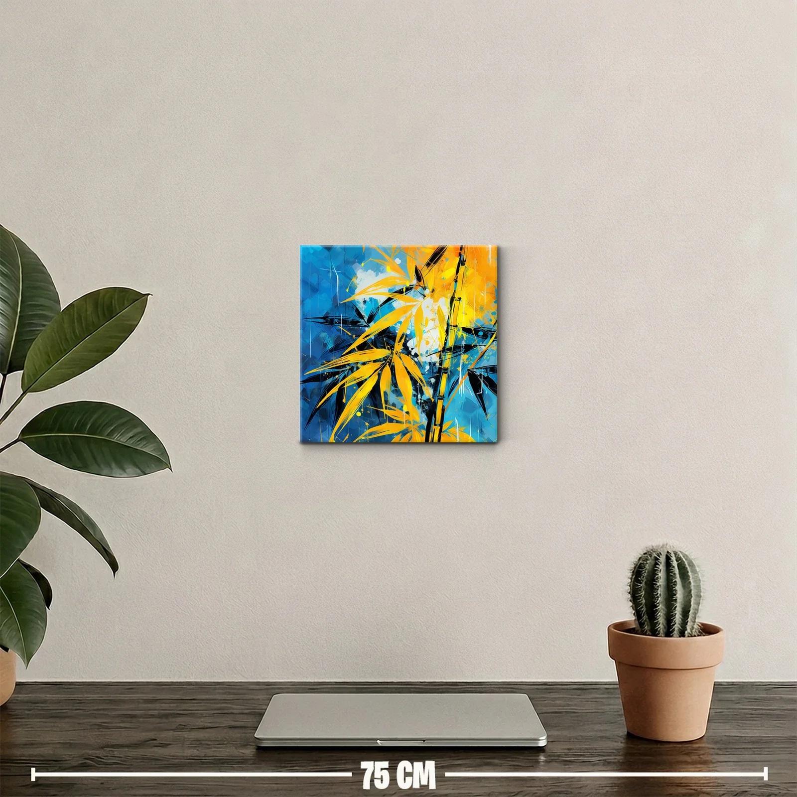 Cuadro artístico de hojas amarillas sobre fondo azul vibrante — miniatura 2