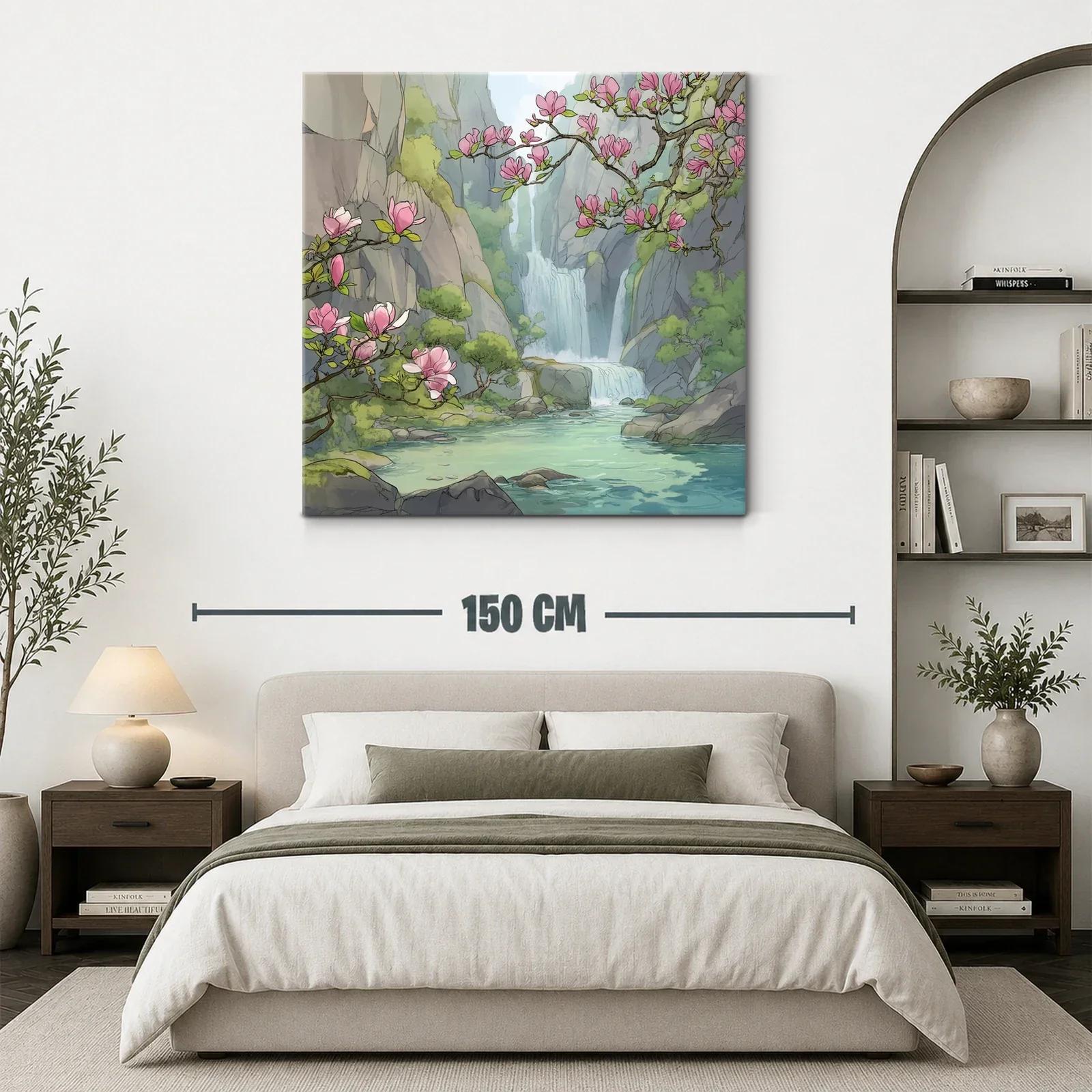 Paisaje sereno con cascada y flores rosadas en ribera — miniatura 3