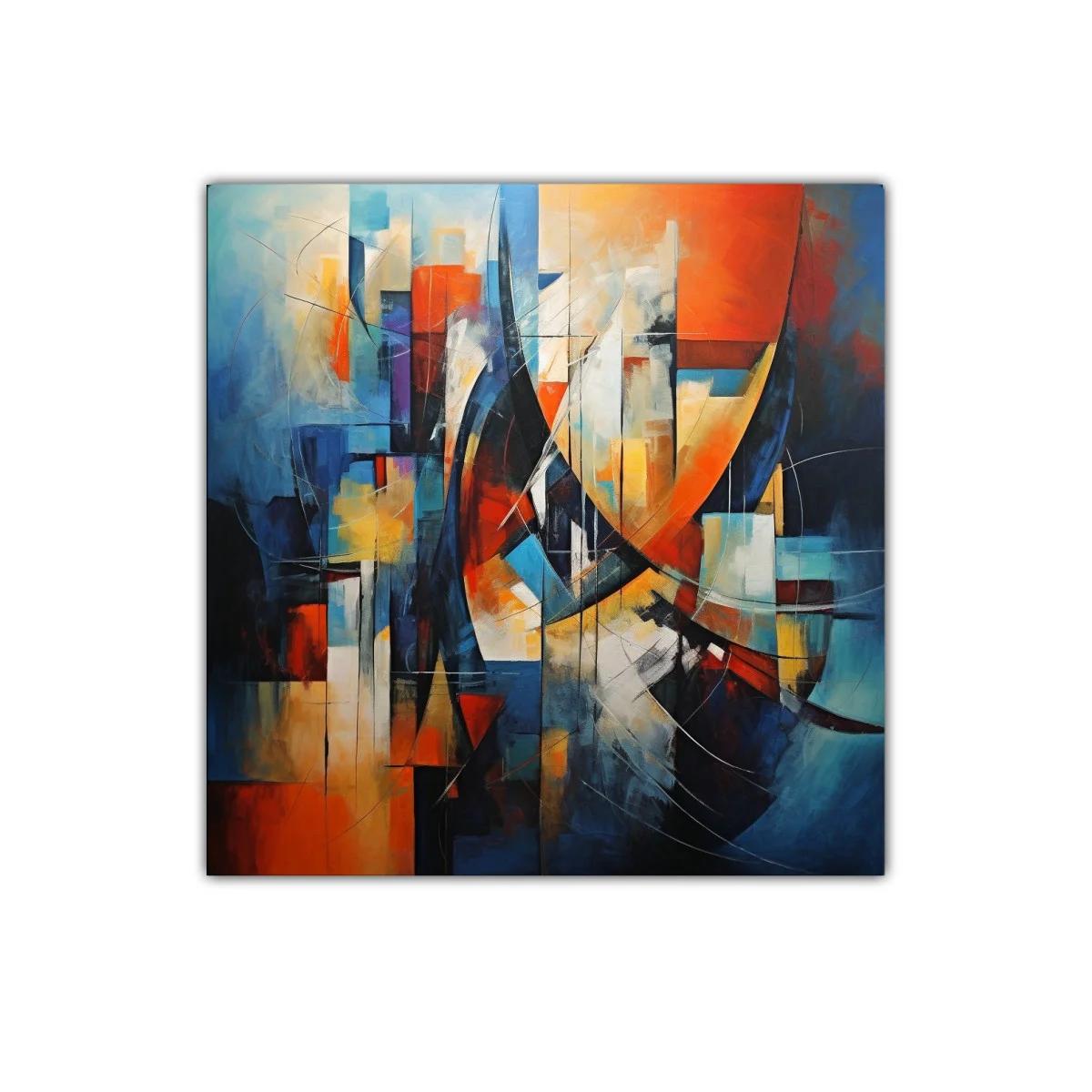 Cuadro abstracto con formas geométricas en tonos cálidos y fríos