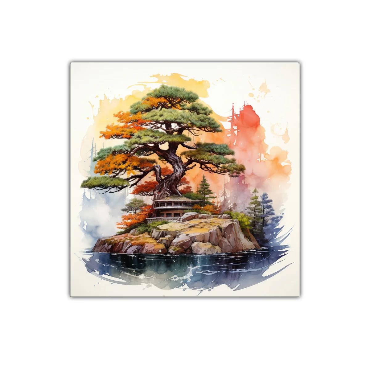 Paisaje sereno con árbol y refugio en isla rocosa — imagen principal