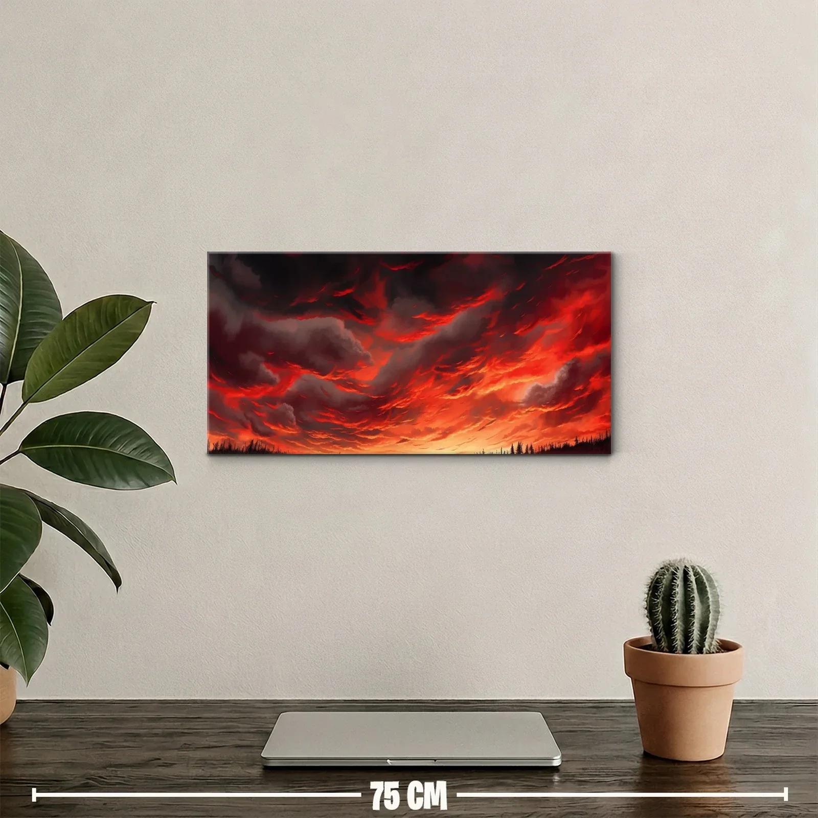 Cuadro cielo de tormenta rojo con bosque en silueta — miniatura 2