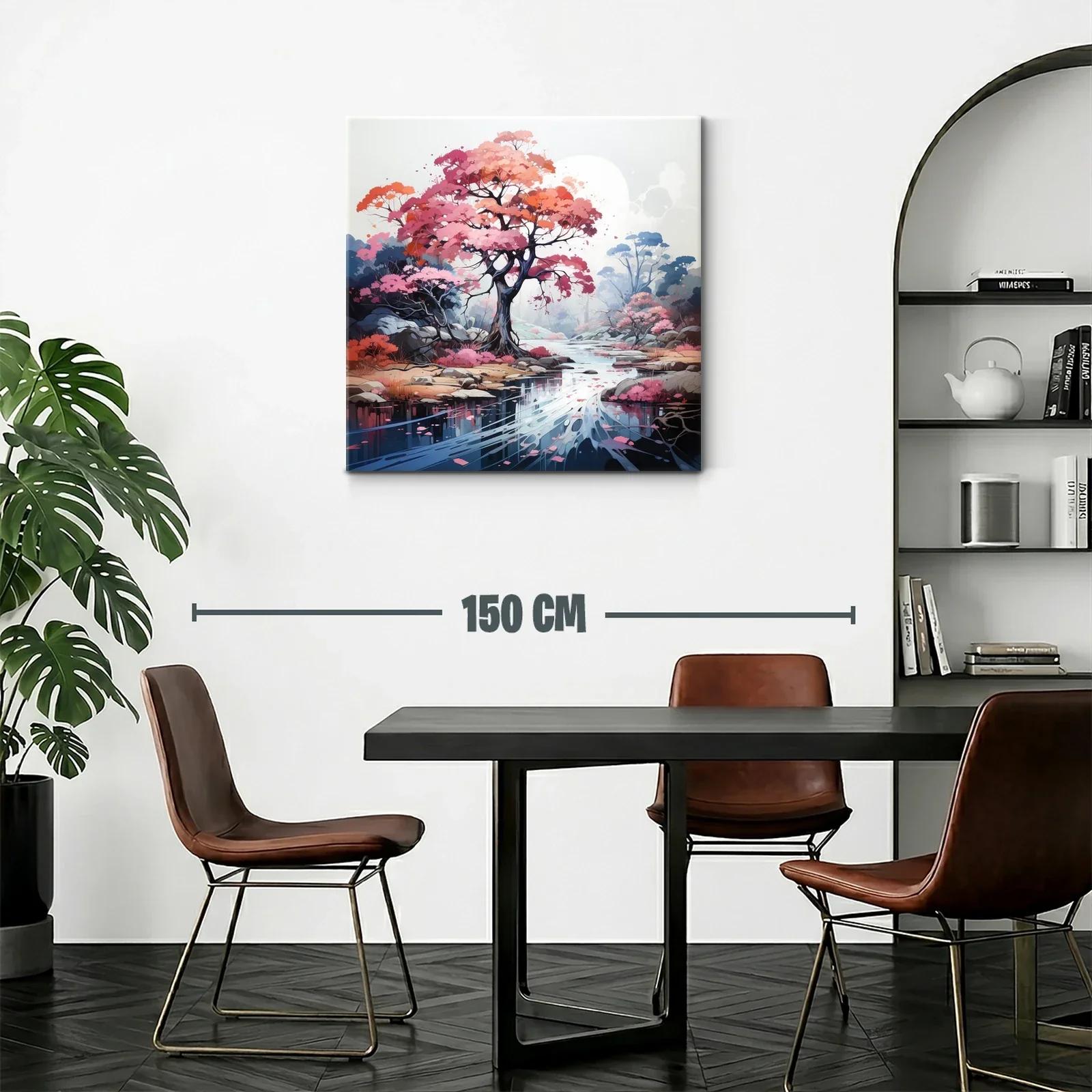 Paisaje sereno con árbol rosa junto a río reflejante — miniatura 2
