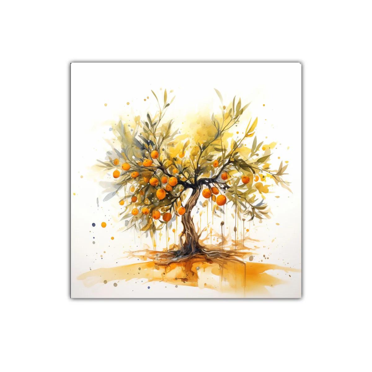 Cuadro moderno con árbol de naranjas vibrantes y ramas delicadas