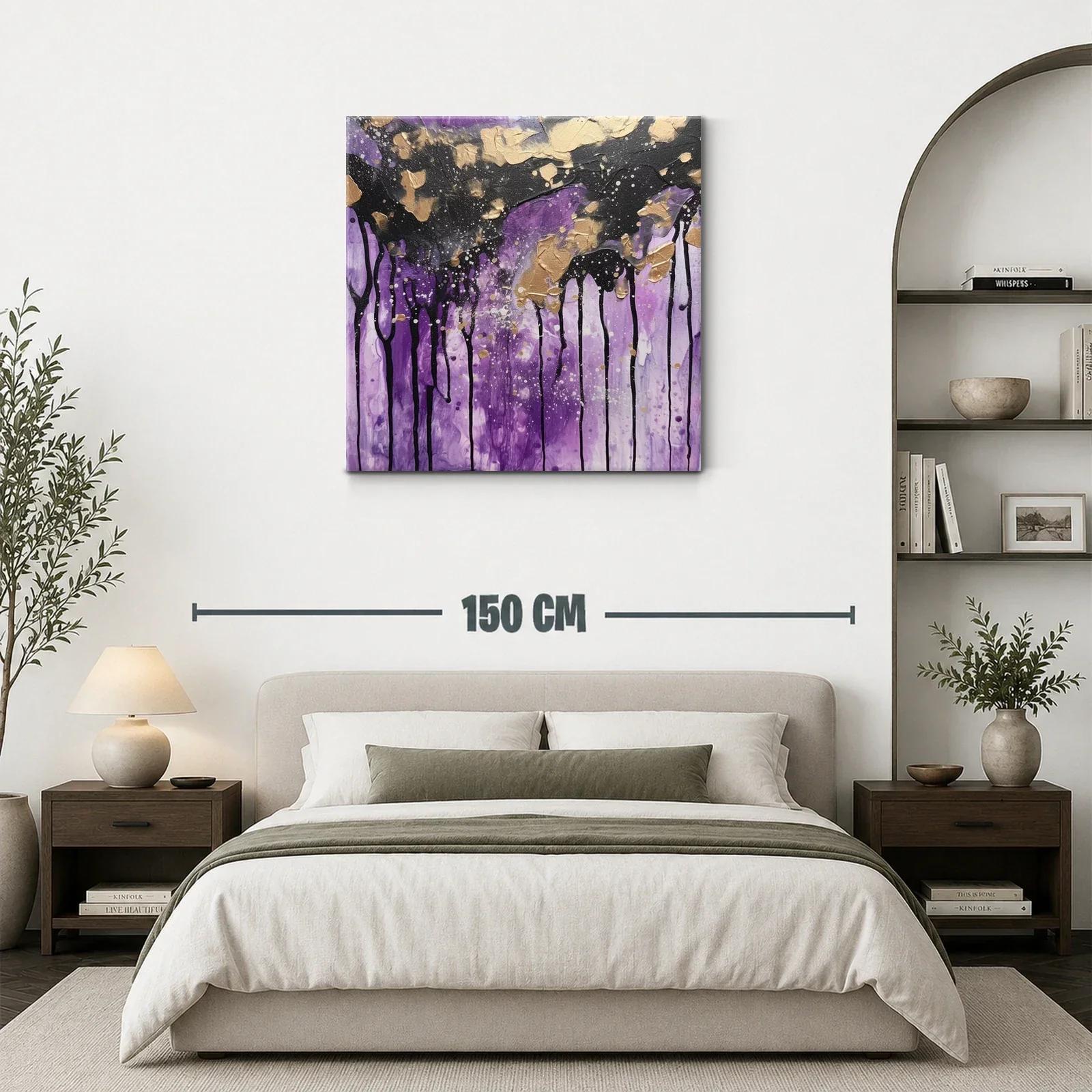 Cuadro abstracto con tonos violetas y detalles dorados — miniatura 3