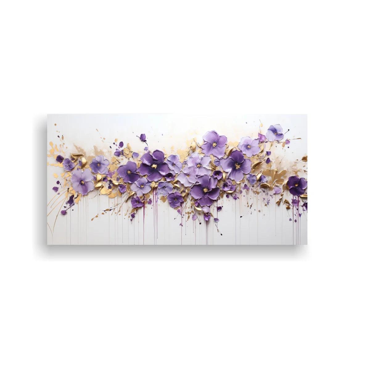 Cuadro flores moradas con textura empastada y goteos dorados