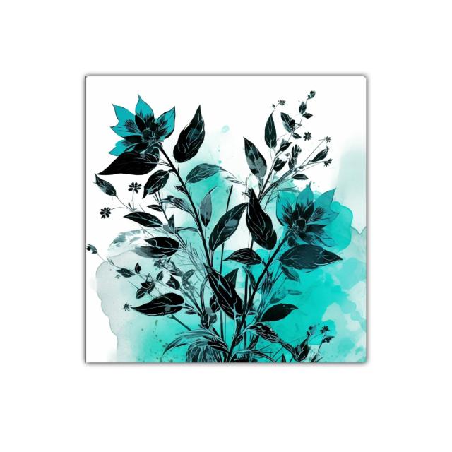 Cuadro decorativo con ramo floral en tonos turquesa y negro