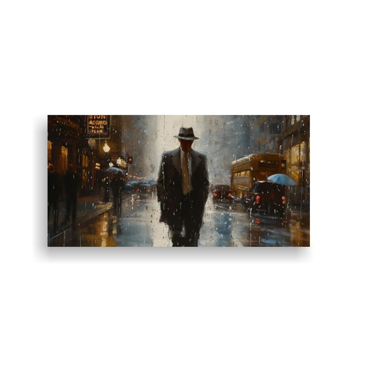 Cuadro hombre con sombrero bajo la lluvia