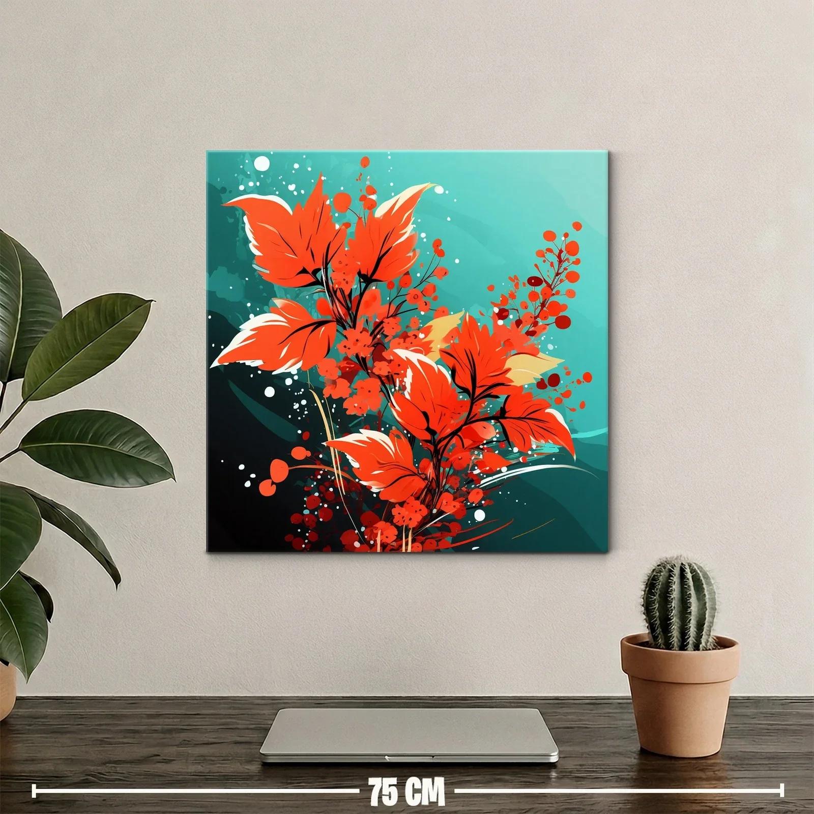Cuadro moderno con hojas y flores en tonos rojos vibrantes — miniatura 2