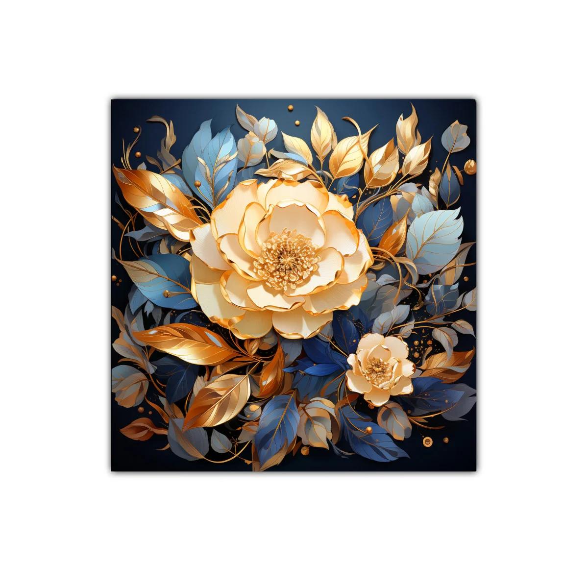 Cuadro decorativo con flores doradas y hojas azules