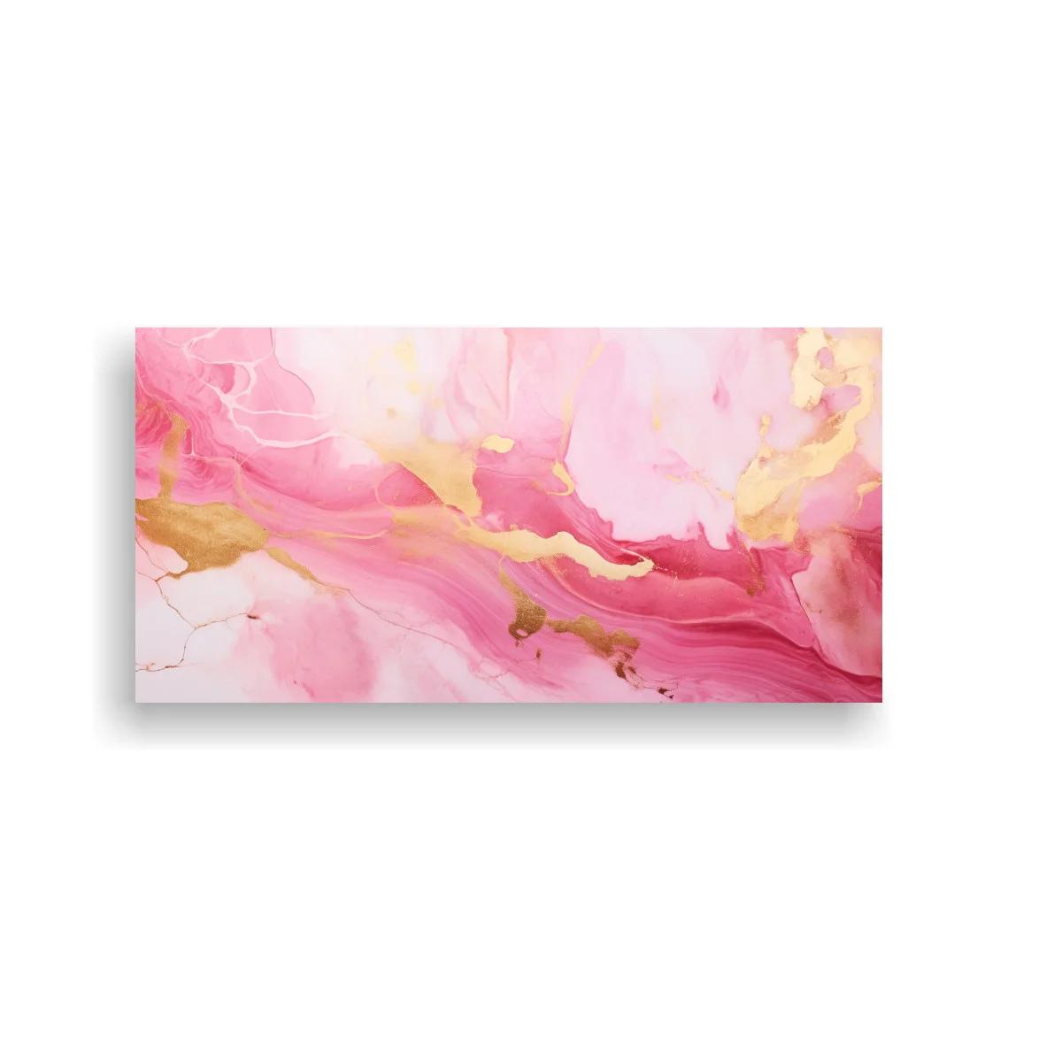Cuadro mancha abstracta rosa y dorada con bandas fluidas