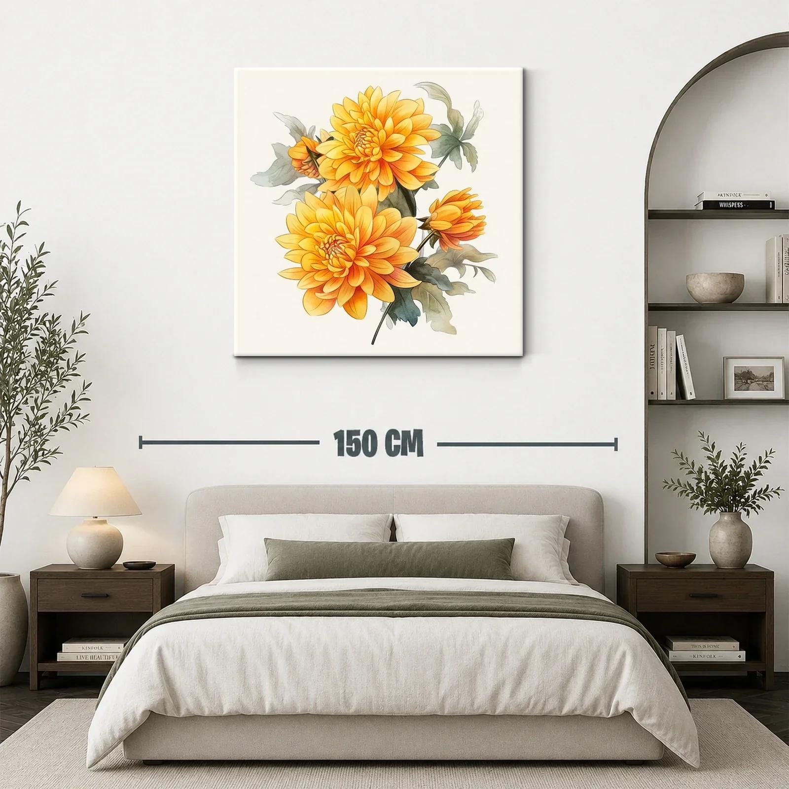 Cuadro floral con dalias en tonos cálidos y hojas verdes — miniatura 3