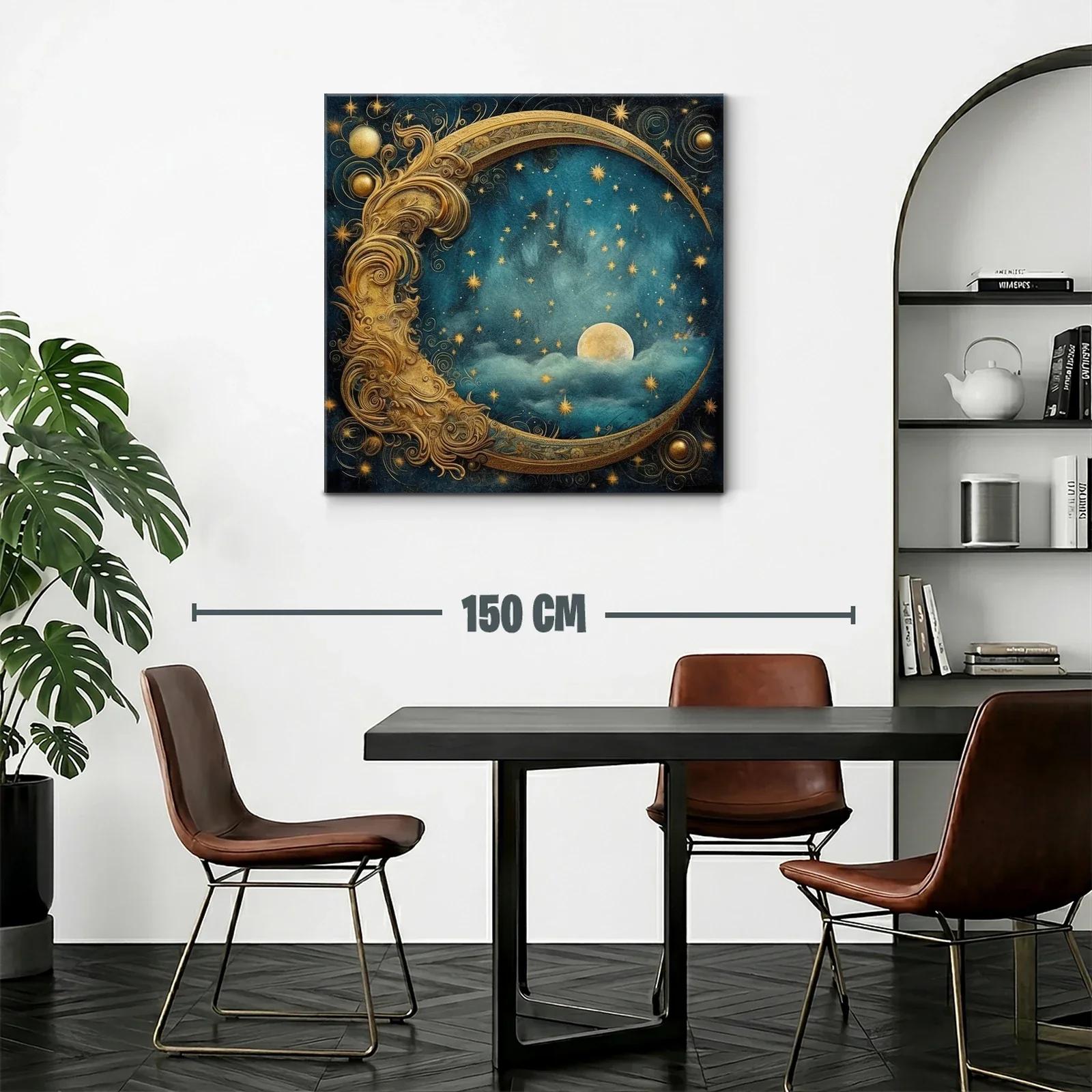 Luna Dorada entre Estrellas en Cielo Nocturno Azul Profundo — miniatura 2