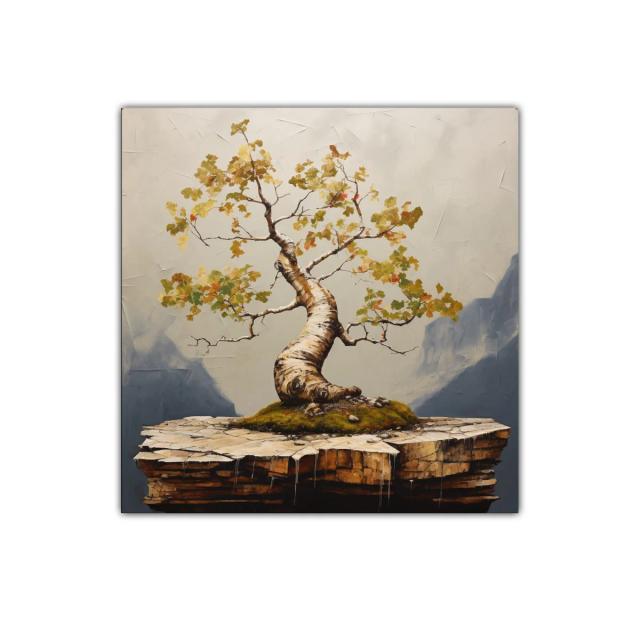 Árbol Torsionado en Isla Rocosa con Hojas Otoñales