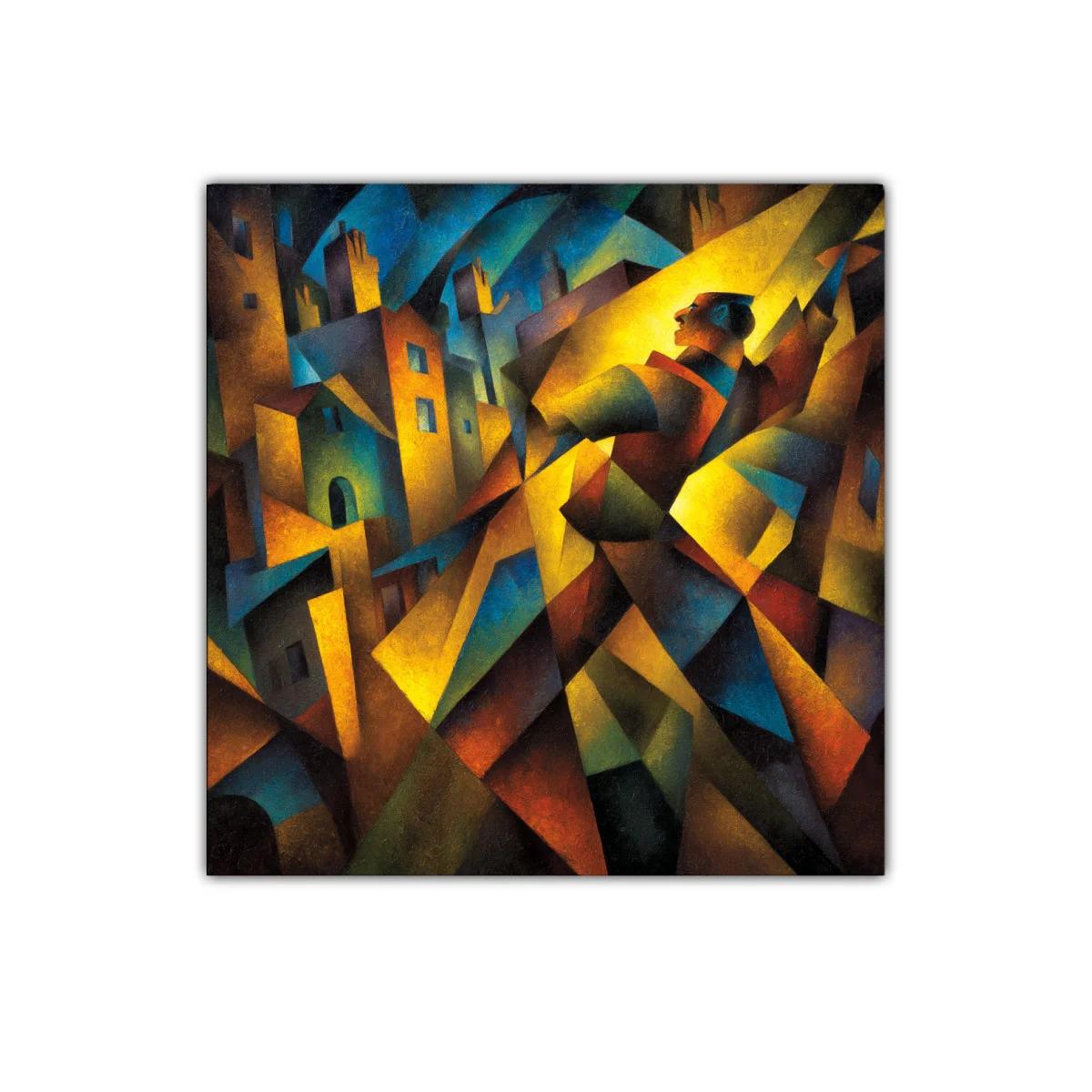 Composición geométrica vibrante con figura humana y luces — imagen principal