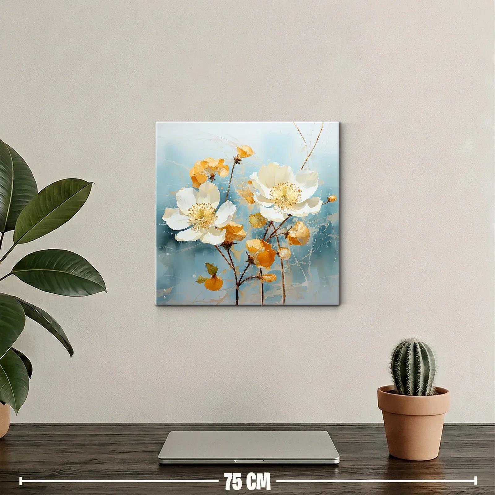 Cuadro con flores blancas y tonos cálidos sobre fondo azul — miniatura 2