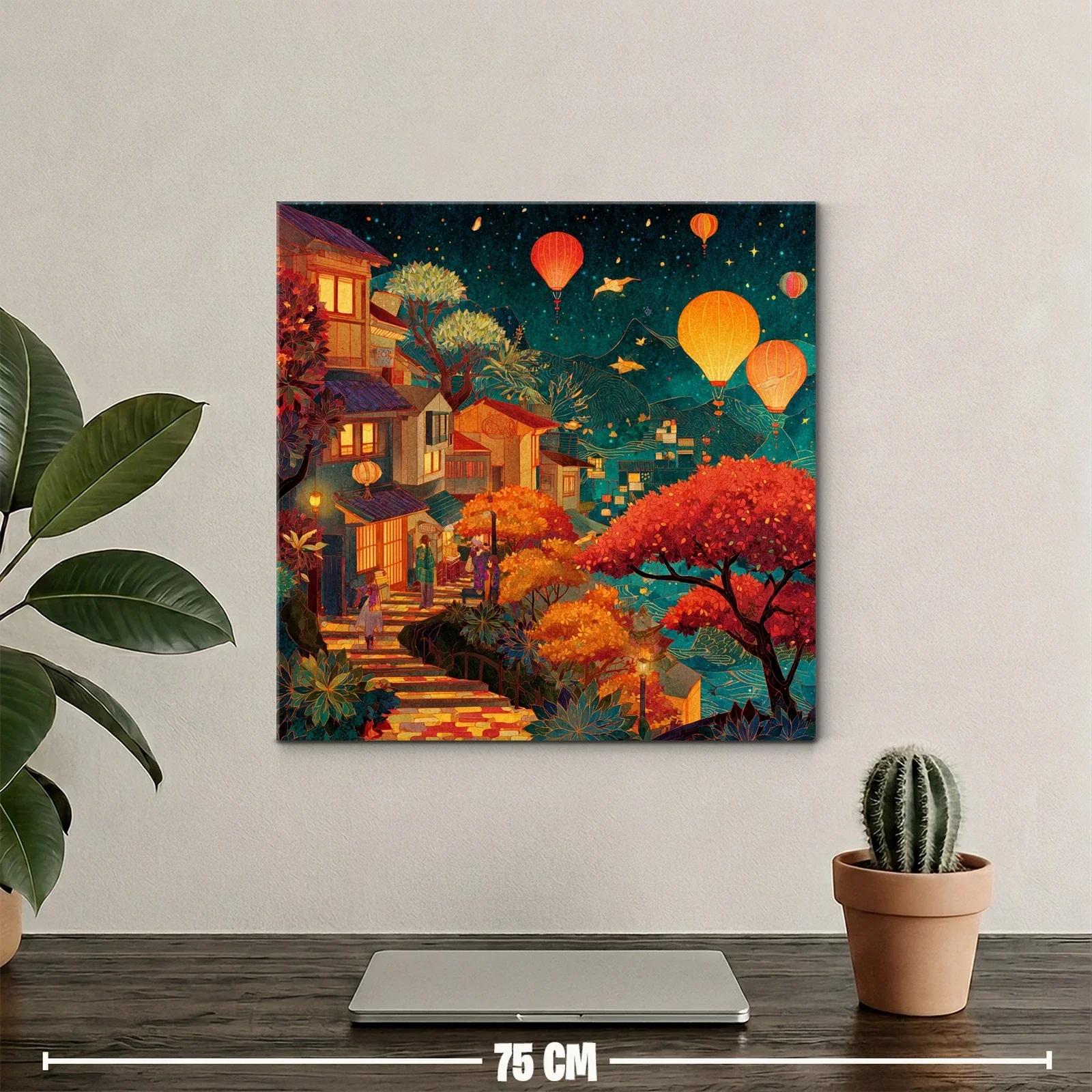 Escena nocturna con faroles y árboles en tonos cálidos — miniatura 2